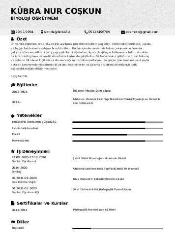 Biyoloji Öğretmeni CV Örnekleri cv indir